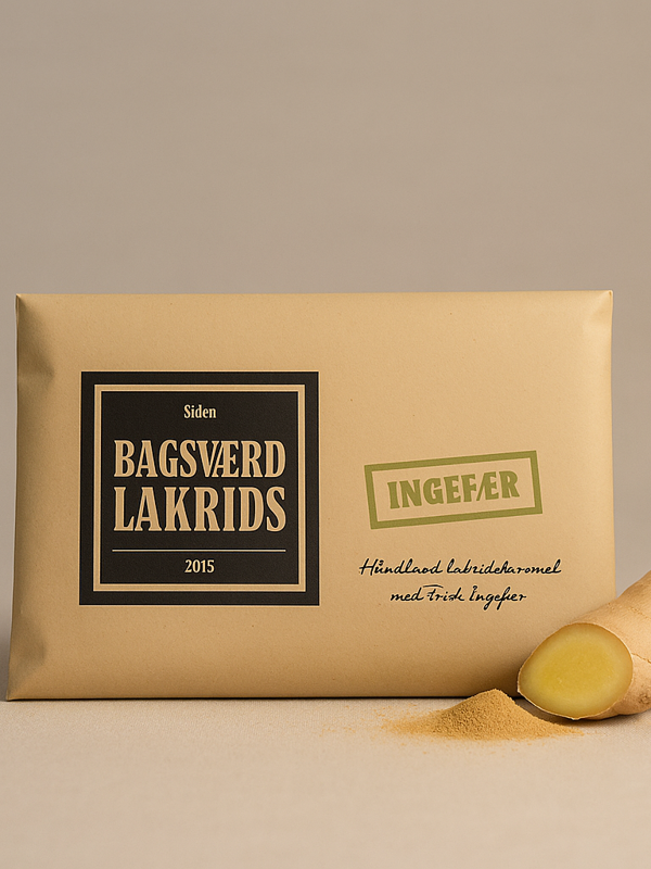 Bagsværd Lakrids Ingefær 160g – dansk gourmetlakris med frisk og aromatisk ingefær, håndlaget i Danmark.
