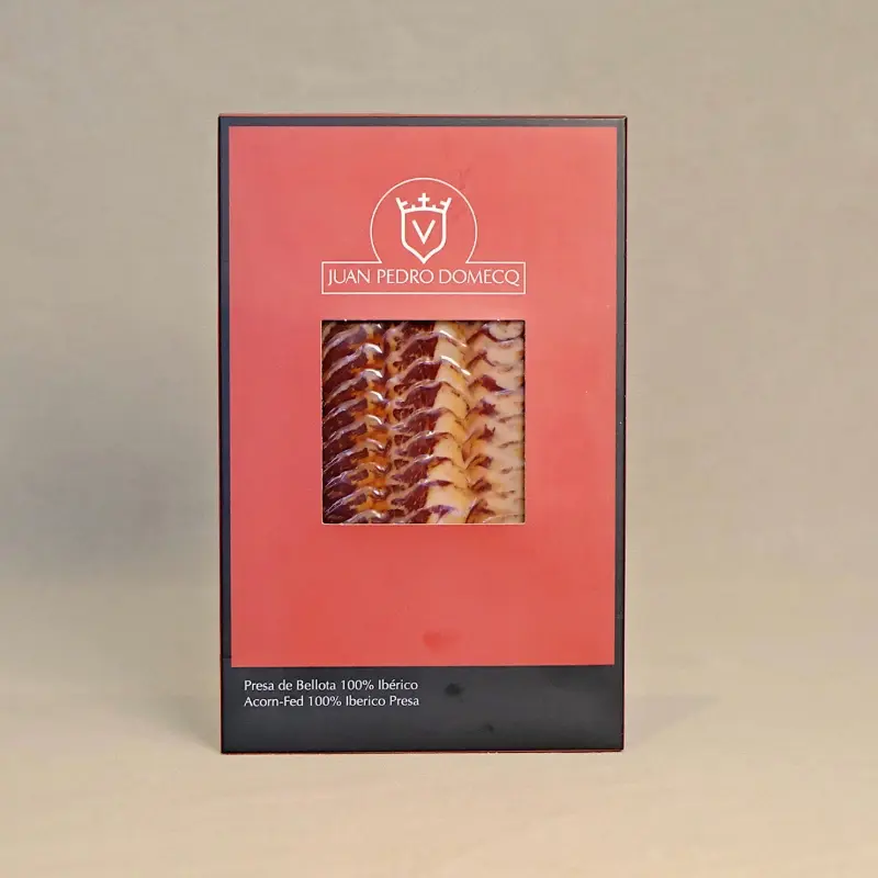 Presa de Bellota 80g – spansk ibérico-kjøtt i tynne skiver, fra eikenøttfôret gris. Eksklusiv delikatesse med saftig, marmorert og nøtteaktig smak.