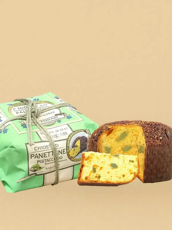Panettone Pistacchio 750g fra Lazzaroni – myk italiensk julekake fylt med pistasjkrem, levert i grønn gaveeske.
