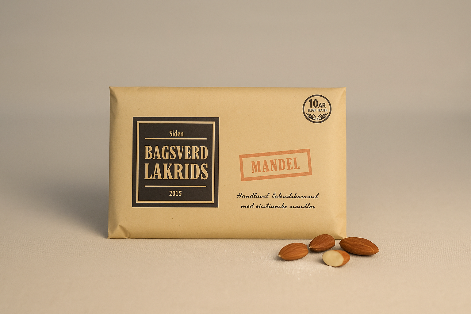 Bagsværd Lakrids Mandel 160g – dansk gourmetlakris kombinert med sprø ristede mandler, håndlaget i Danmark.