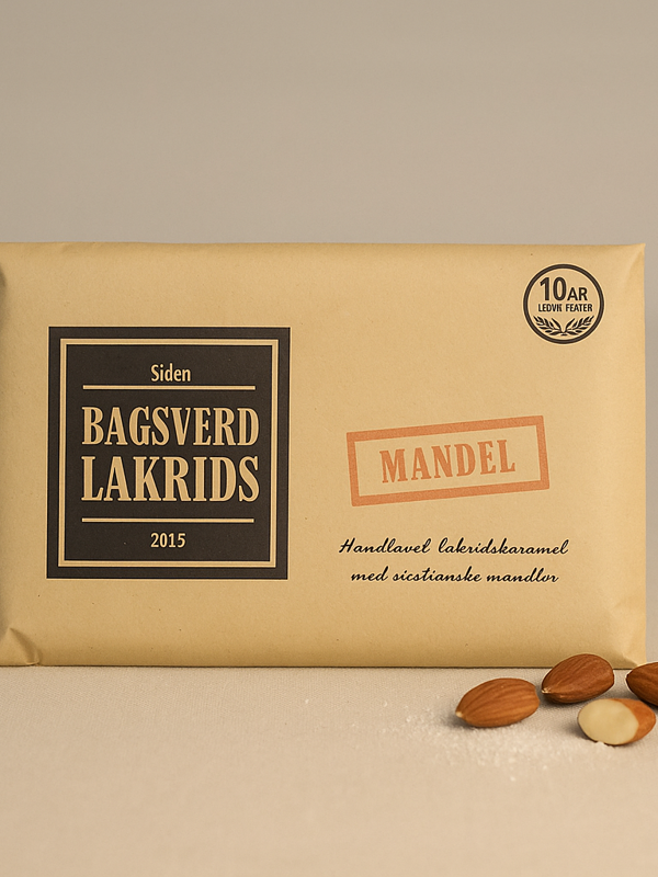 Bagsværd Lakrids Mandel 160g – dansk gourmetlakris kombinert med sprø ristede mandler, håndlaget i Danmark.