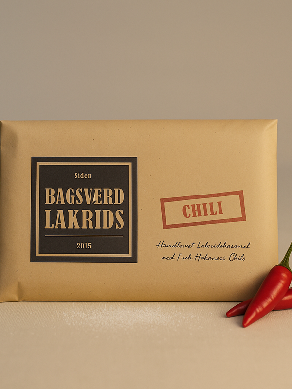 Bagsværd Lakrids Chili 160g – dansk gourmetlakris med et subtilt kick av chili, håndlaget i Danmark.