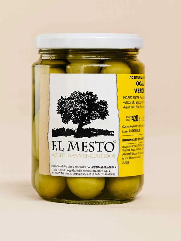 Ocal Oliven 420 g fra El Mesto – spanske oliven fra Andalucía med mild, aromatisk smak og fast tekstur. Perfekte til tapas, salater og ostefat.