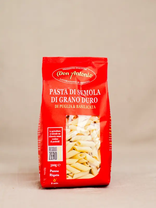 Pasta Penne Rigate 500g fra Don Antonio – klassisk italiensk pasta av 100 % durumhvete, laget og tørket i Abruzzo