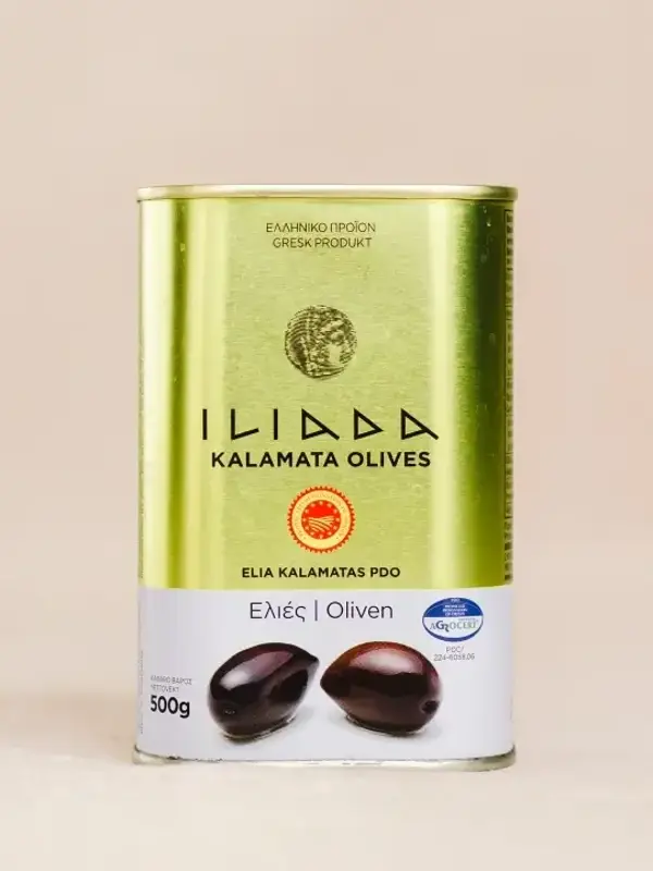 Kalamata-oliven 500 g – autentiske greske oliven fra Peloponnes. Mørke, kjøttfulle og smakfulle – perfekte til gresk salat, tapas og middelhavsmat.
