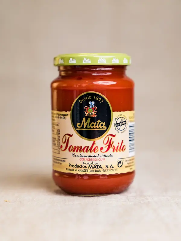 Mata Tomate Frito – ekte spansk tomatsaus laget med solmodne tomater og olivenolje. Perfekt til pasta, pizza og tapas. Uten tilsetningsstoffer.