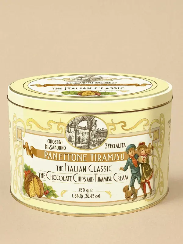 Panettone Tiramisu 750g i vintage metallboks – italiensk luksus panettone med tiramisu-smak, perfekt som gave.